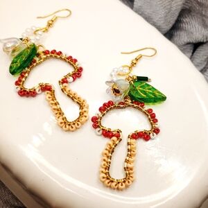 Boho Floral Mushroom Wire Wrapped And Glass Beaded Dangle Earrings Artisan Made